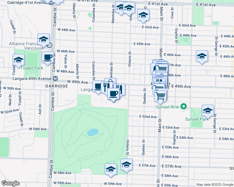 map of restaurants, bars, coffee shops, grocery stores, and more near 100 West 49th Avenue in Vancouver