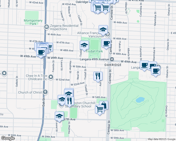 map of restaurants, bars, coffee shops, grocery stores, and more near 682 West 50th Avenue in Vancouver