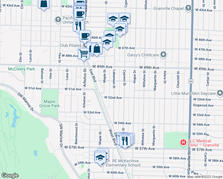 map of restaurants, bars, coffee shops, grocery stores, and more near 6677 Laburnum Street in Vancouver