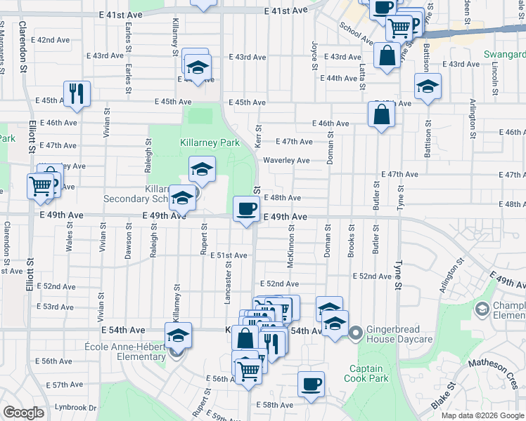 map of restaurants, bars, coffee shops, grocery stores, and more near 3115 East 49th Avenue in Vancouver