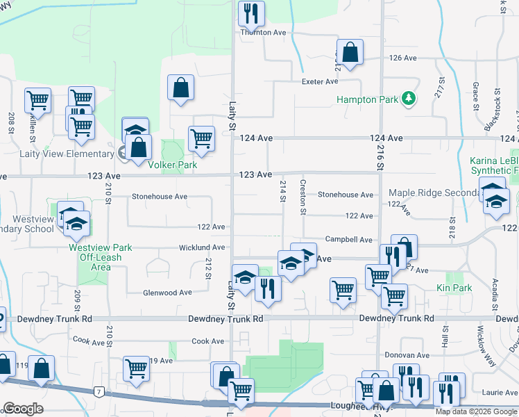 map of restaurants, bars, coffee shops, grocery stores, and more near 12267 214 Street in Maple Ridge