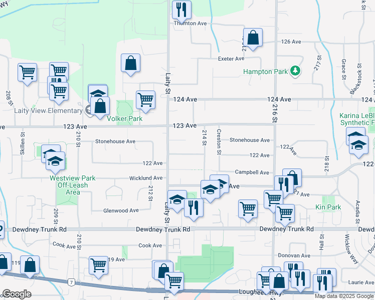 map of restaurants, bars, coffee shops, grocery stores, and more near 21321 122 Avenue in Maple Ridge