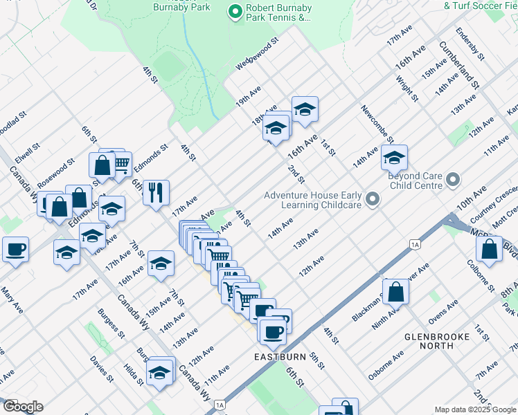map of restaurants, bars, coffee shops, grocery stores, and more near 8029 15th Avenue in Burnaby