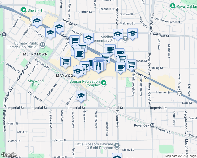 map of restaurants, bars, coffee shops, grocery stores, and more near 6515 Bonsor Avenue in Burnaby