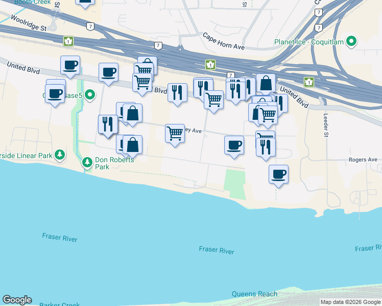 map of restaurants, bars, coffee shops, grocery stores, and more near 1851 Brigantine Drive in Coquitlam