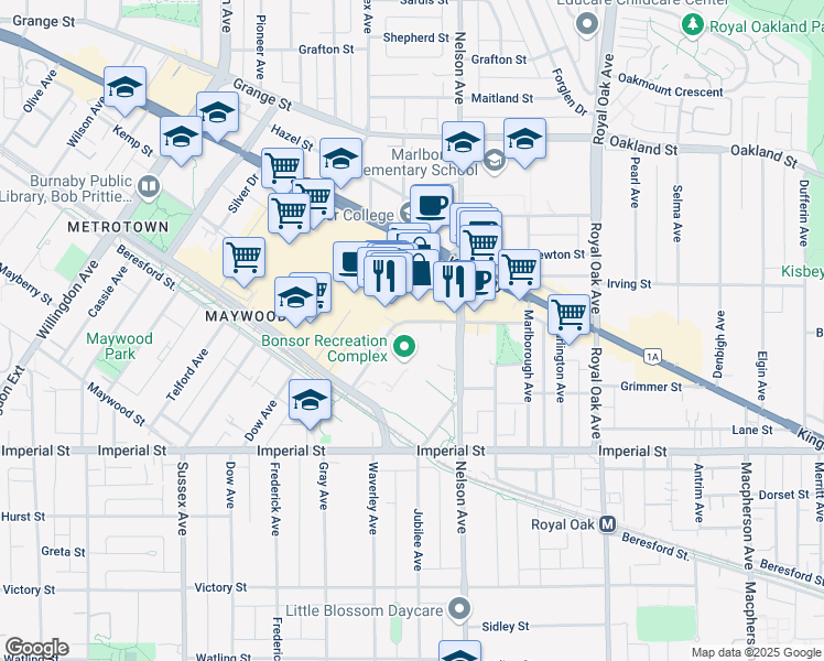 map of restaurants, bars, coffee shops, grocery stores, and more near 4820 Kingsway in Burnaby