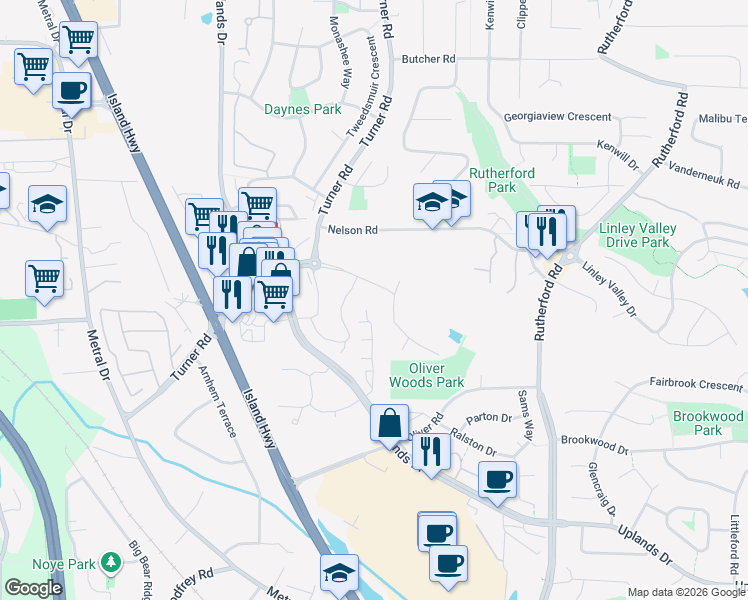 map of restaurants, bars, coffee shops, grocery stores, and more near 6025 Linley Valley Drive in Nanaimo