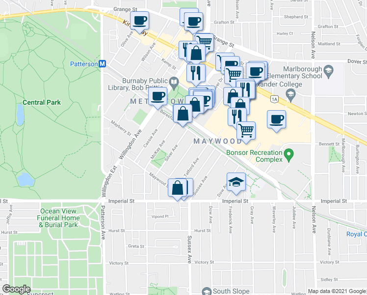 map of restaurants, bars, coffee shops, grocery stores, and more near 6387 Silver Avenue in Burnaby