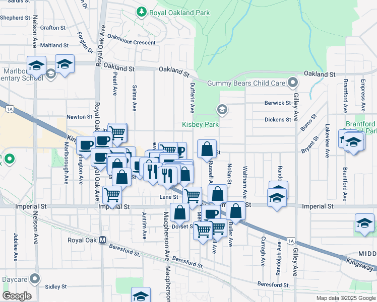 map of restaurants, bars, coffee shops, grocery stores, and more near 6509 Dufferin Avenue in Burnaby