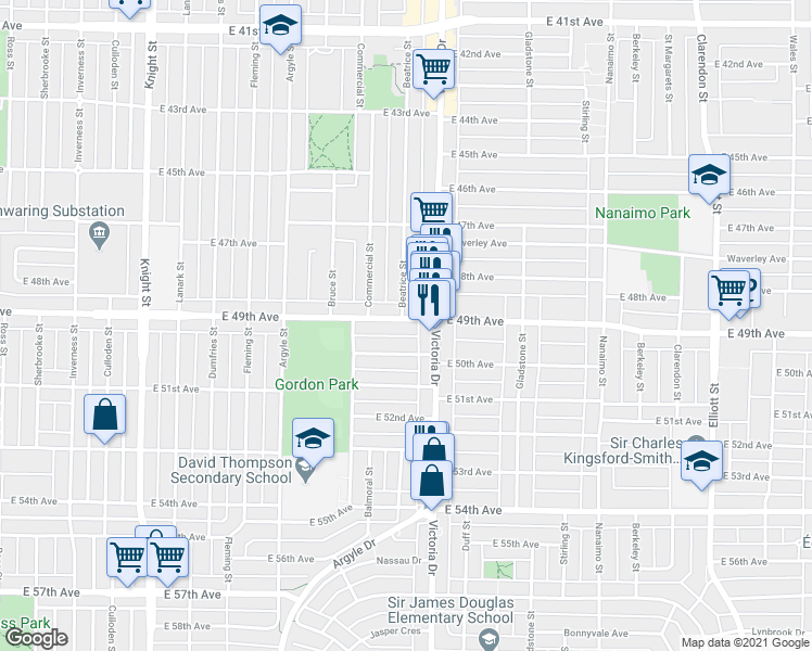 map of restaurants, bars, coffee shops, grocery stores, and more near 1942 East 49th Avenue in Vancouver
