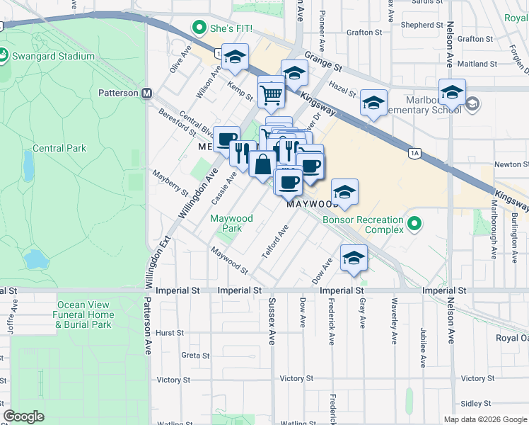 map of restaurants, bars, coffee shops, grocery stores, and more near 6420 Silver Avenue in Burnaby