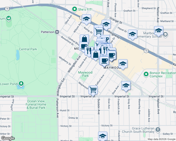 map of restaurants, bars, coffee shops, grocery stores, and more near 6463 Silver Drive in Burnaby