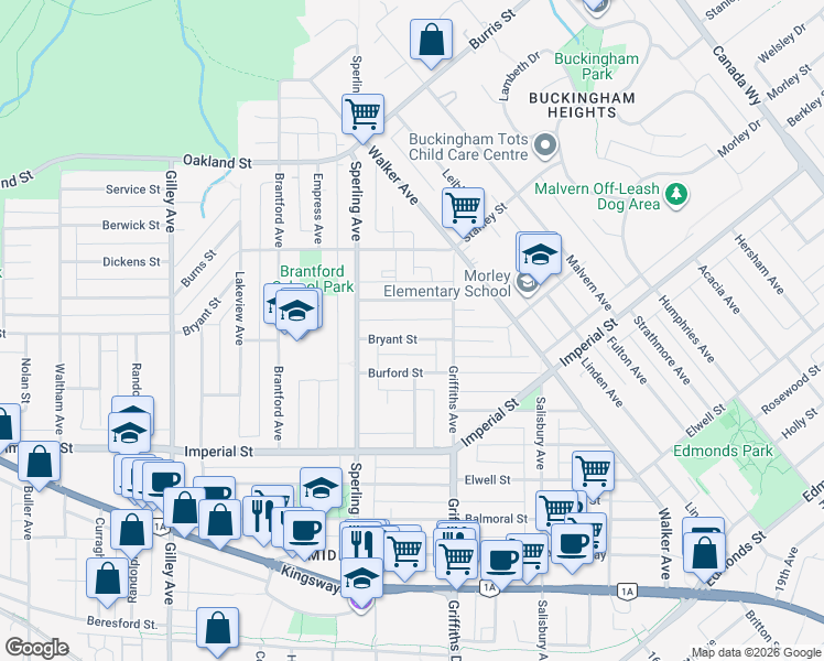 map of restaurants, bars, coffee shops, grocery stores, and more near 6807 Bryant Street in Burnaby