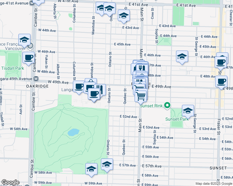 map of restaurants, bars, coffee shops, grocery stores, and more near 47 East 50th Avenue in Vancouver