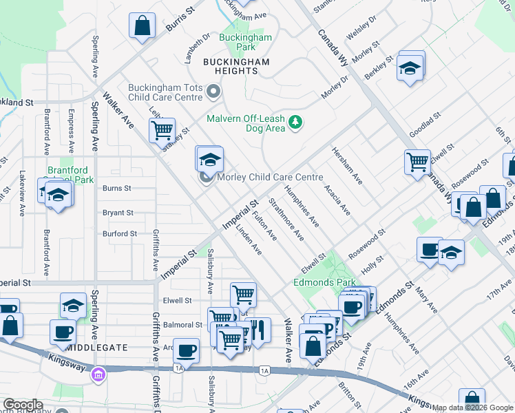 map of restaurants, bars, coffee shops, grocery stores, and more near 7406 Imperial Street in Burnaby