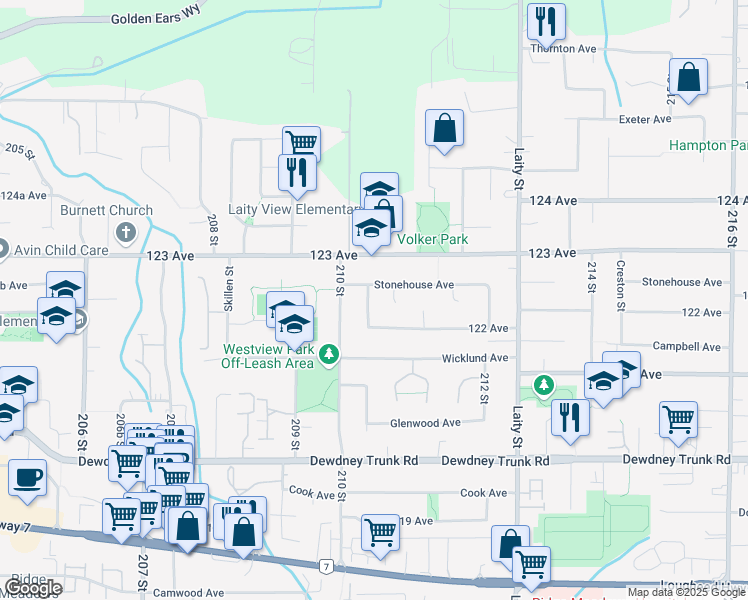 map of restaurants, bars, coffee shops, grocery stores, and more near 12222 211 Street in Maple Ridge