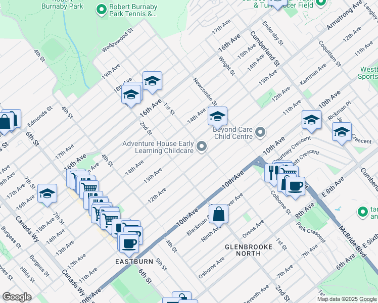 map of restaurants, bars, coffee shops, grocery stores, and more near 8158 13th Avenue in Burnaby