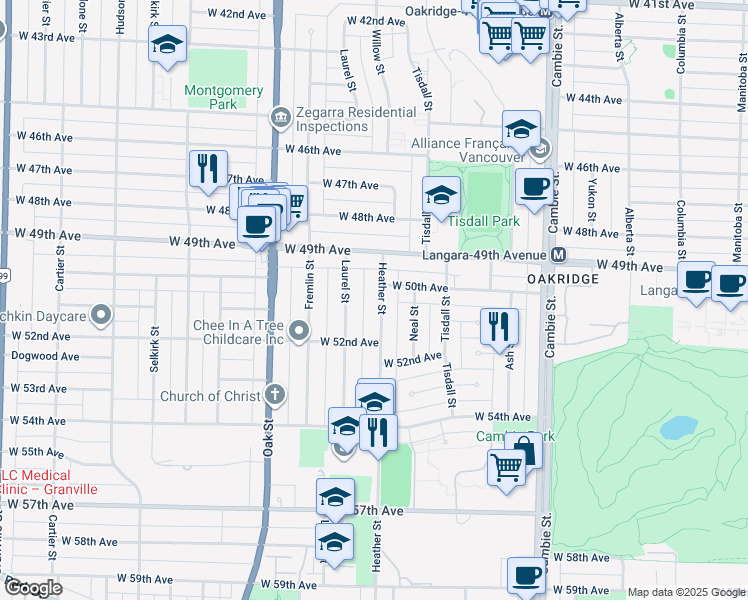 map of restaurants, bars, coffee shops, grocery stores, and more near 6649 Heather Street in Vancouver