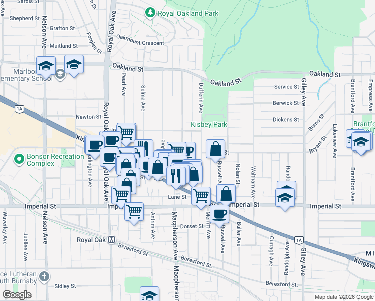 map of restaurants, bars, coffee shops, grocery stores, and more near 6498 Elgin Avenue in Burnaby
