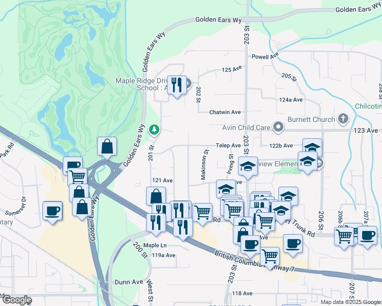 map of restaurants, bars, coffee shops, grocery stores, and more near 12226 202 Street in Maple Ridge