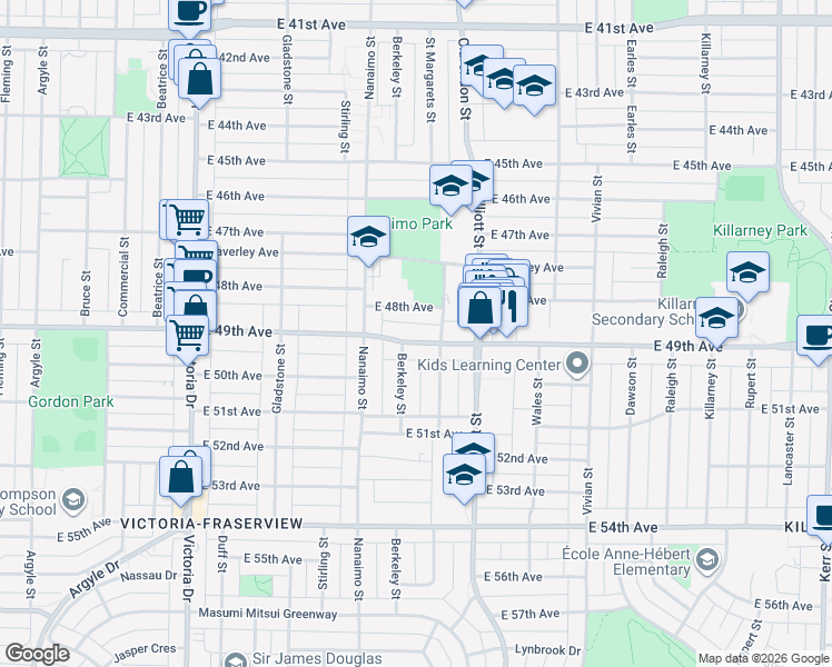 map of restaurants, bars, coffee shops, grocery stores, and more near 2435 East 49th Avenue in Vancouver
