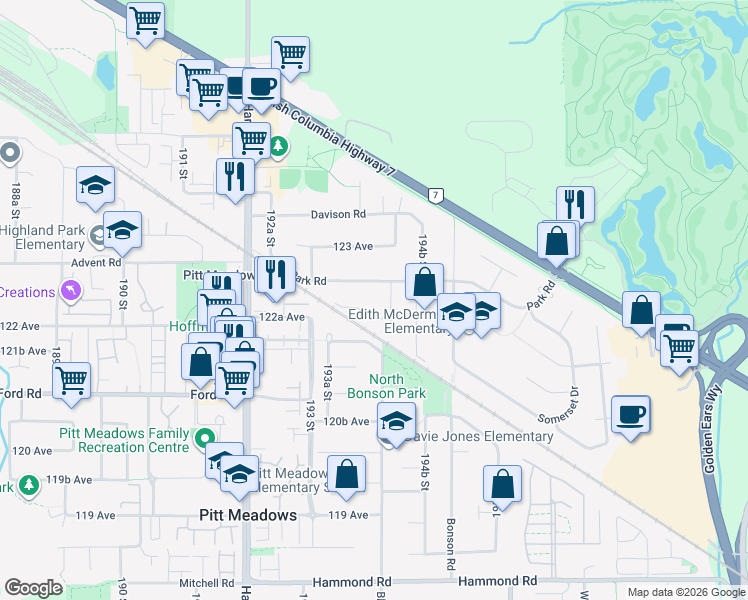 map of restaurants, bars, coffee shops, grocery stores, and more near 19379 Cusick Crescent in Pitt Meadows