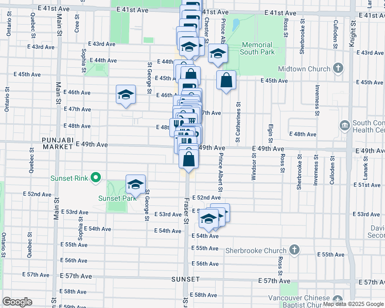 map of restaurants, bars, coffee shops, grocery stores, and more near 6544 Fraser Street in Vancouver