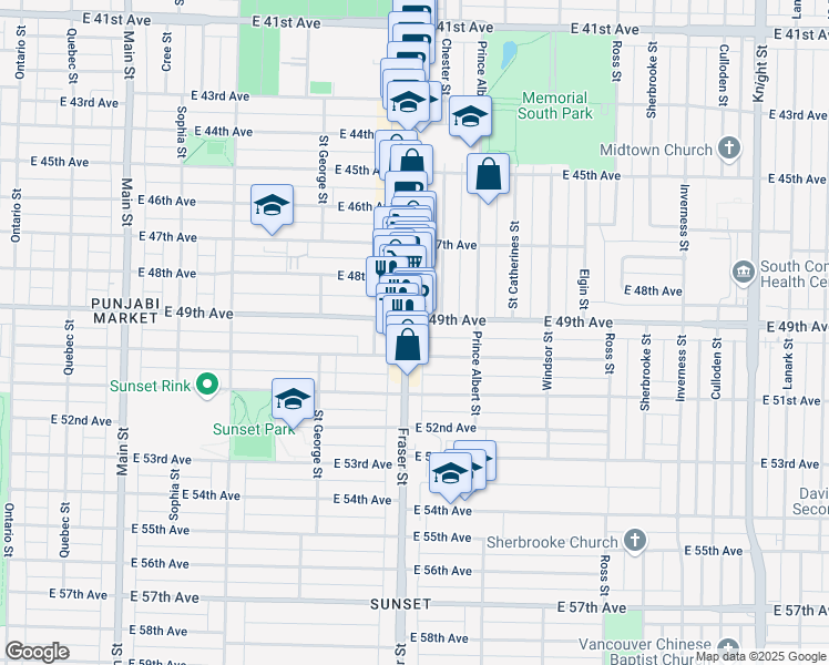 map of restaurants, bars, coffee shops, grocery stores, and more near 6544 Fraser Street in Vancouver