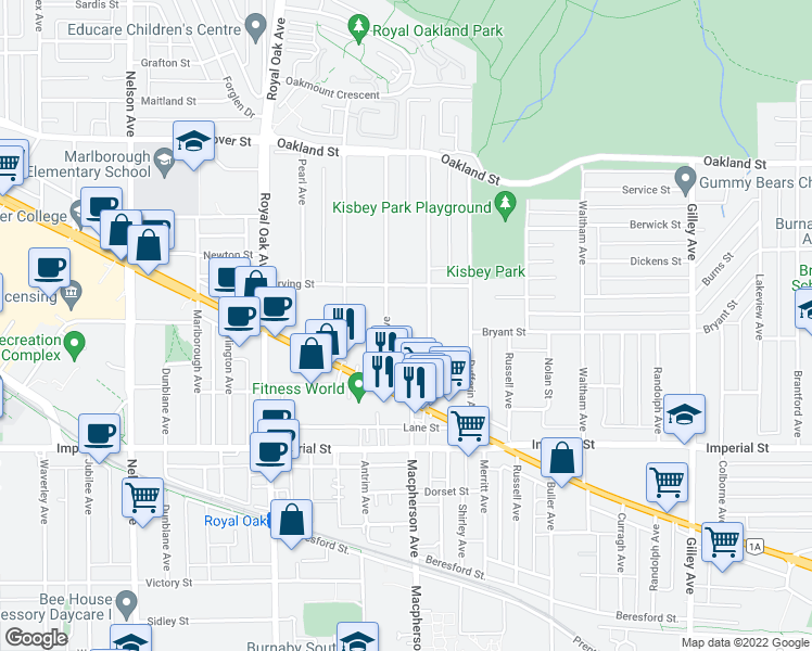 map of restaurants, bars, coffee shops, grocery stores, and more near 6539 Elgin Avenue in Burnaby