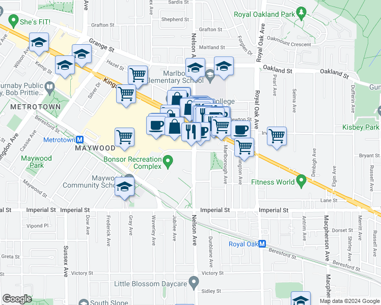 map of restaurants, bars, coffee shops, grocery stores, and more near in Burnaby