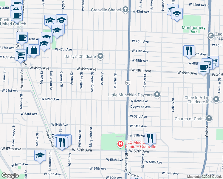 map of restaurants, bars, coffee shops, grocery stores, and more near 6699 Churchill Street in Vancouver