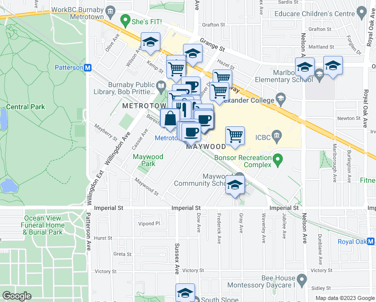 map of restaurants, bars, coffee shops, grocery stores, and more near in Burnaby