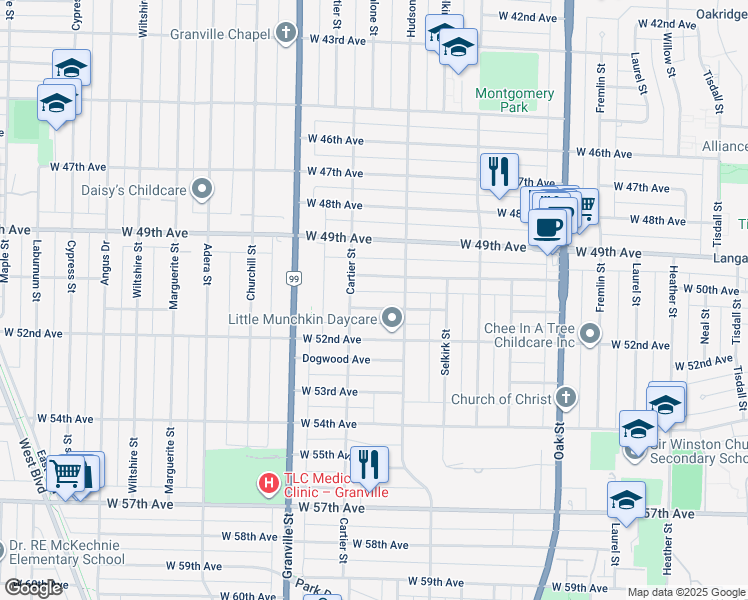 map of restaurants, bars, coffee shops, grocery stores, and more near 1363 West 51st Avenue in Vancouver