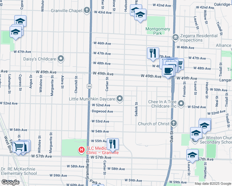 map of restaurants, bars, coffee shops, grocery stores, and more near 1343 West 51st Avenue in Vancouver