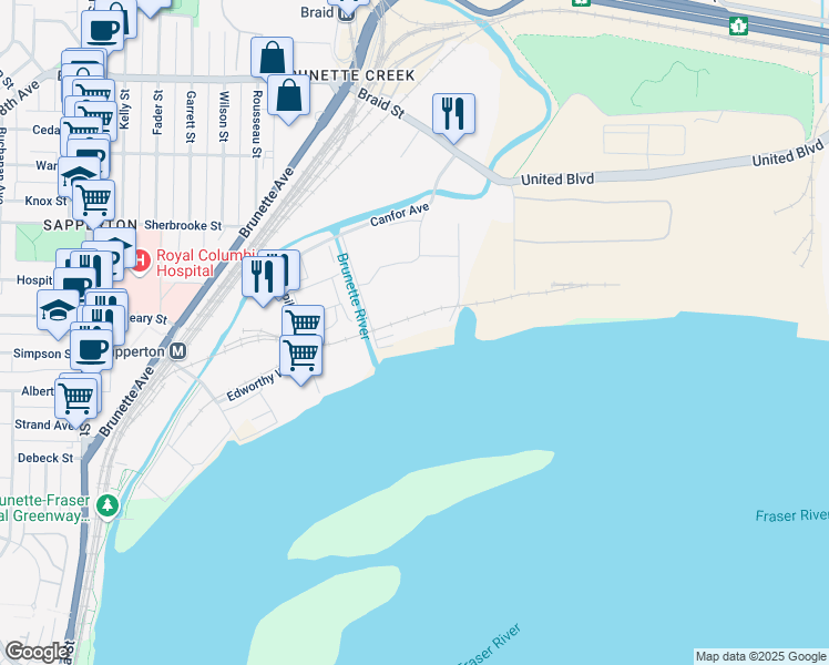 map of restaurants, bars, coffee shops, grocery stores, and more near 434 Capilano Way in New Westminster