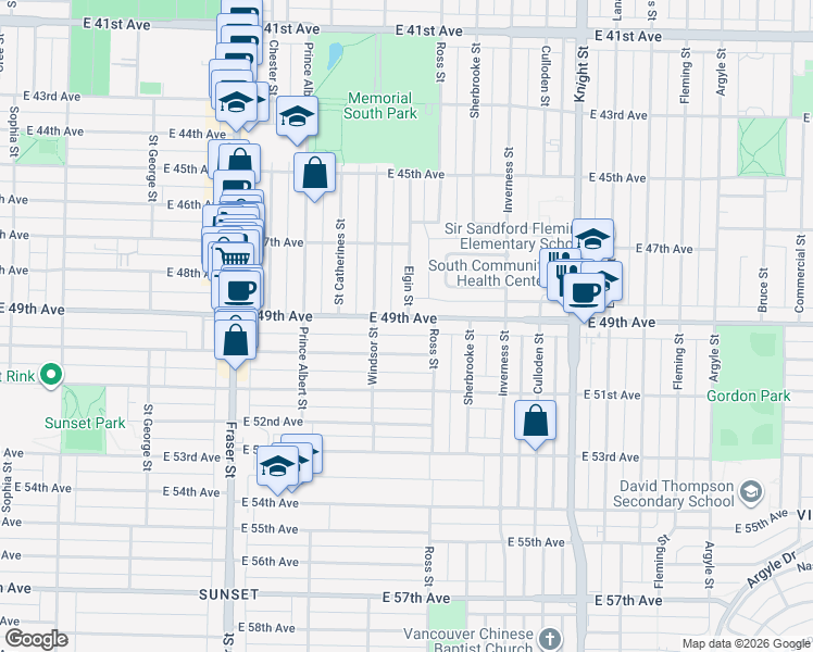 map of restaurants, bars, coffee shops, grocery stores, and more near 1060 East 49th Avenue in Vancouver
