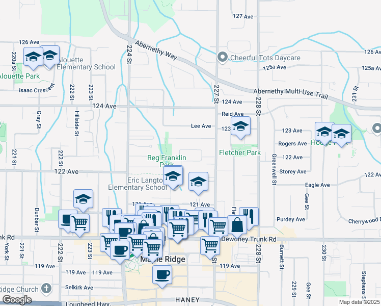 map of restaurants, bars, coffee shops, grocery stores, and more near 22580 Hinch Crescent in Maple Ridge