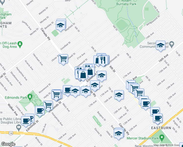 map of restaurants, bars, coffee shops, grocery stores, and more near 7767 Edmonds Street in Burnaby