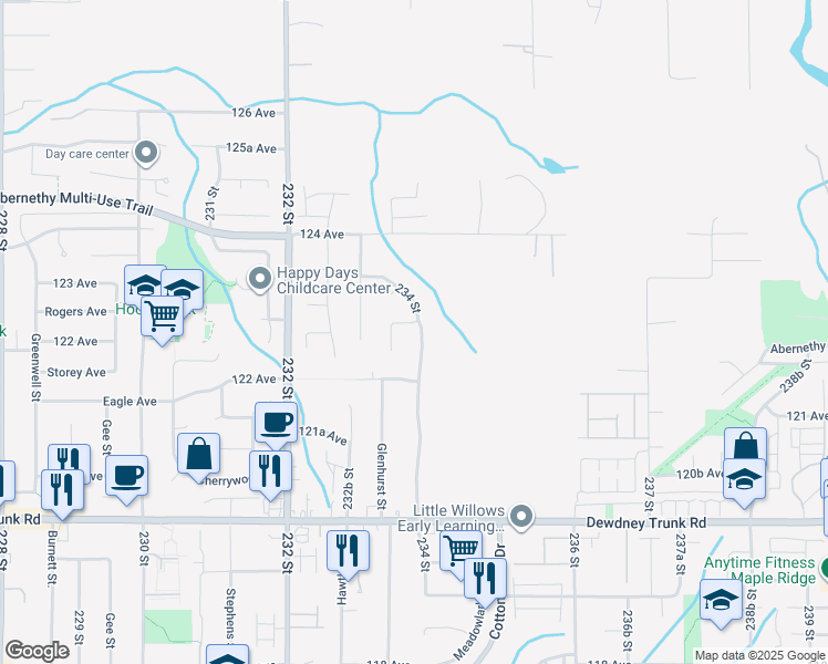 map of restaurants, bars, coffee shops, grocery stores, and more near 23390 123 Avenue in Maple Ridge