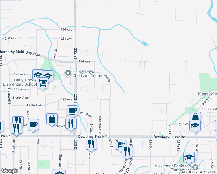 map of restaurants, bars, coffee shops, grocery stores, and more near 12314 234 Street in Maple Ridge
