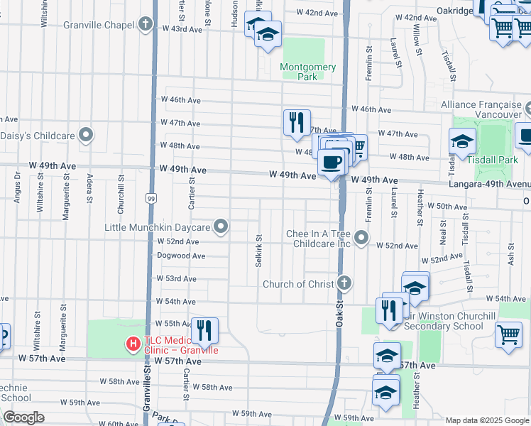 map of restaurants, bars, coffee shops, grocery stores, and more near 6668 Selkirk Street in Vancouver