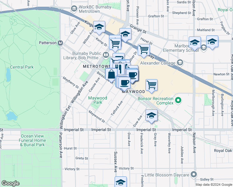 map of restaurants, bars, coffee shops, grocery stores, and more near 4458 Beresford Street in Burnaby