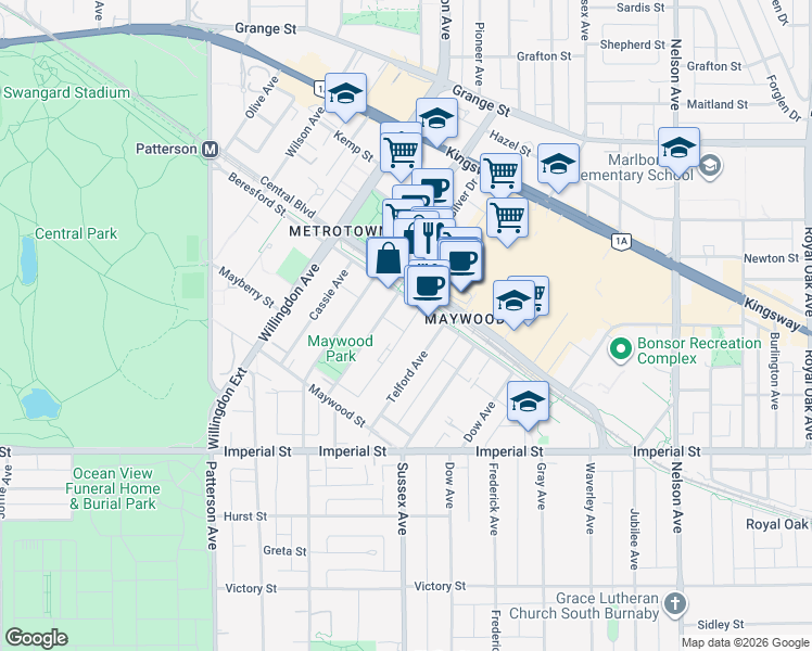 map of restaurants, bars, coffee shops, grocery stores, and more near in Burnaby