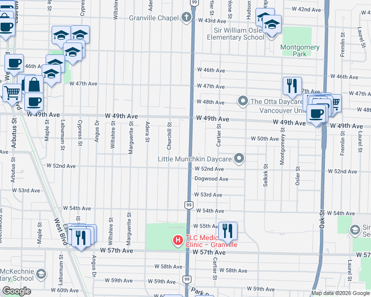 map of restaurants, bars, coffee shops, grocery stores, and more near 6689 Granville Street in Vancouver
