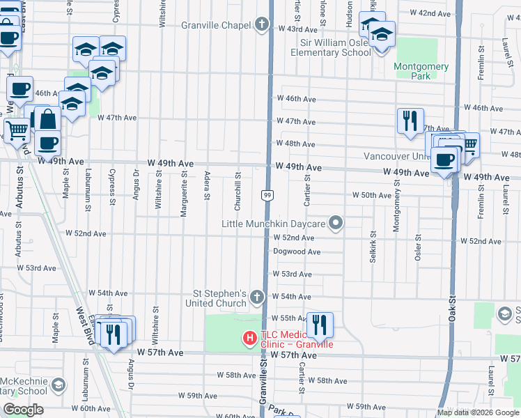 map of restaurants, bars, coffee shops, grocery stores, and more near 6689 Granville Street in Vancouver