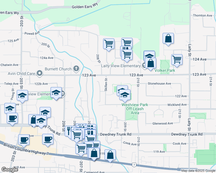 map of restaurants, bars, coffee shops, grocery stores, and more near 12250 Skillen Street in Maple Ridge