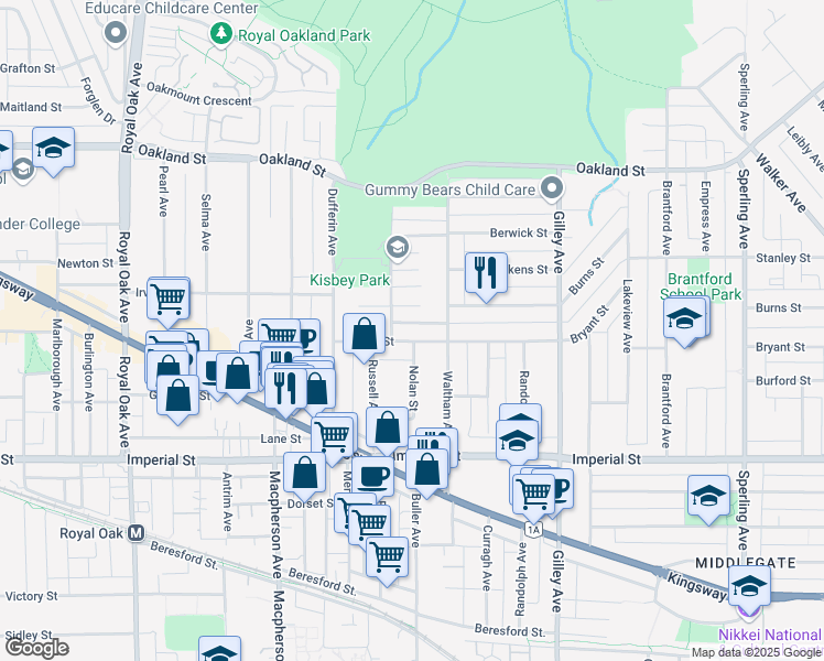 map of restaurants, bars, coffee shops, grocery stores, and more near 5891 Bryant Street in Burnaby
