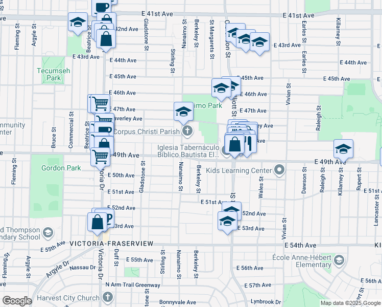 map of restaurants, bars, coffee shops, grocery stores, and more near in Vancouver