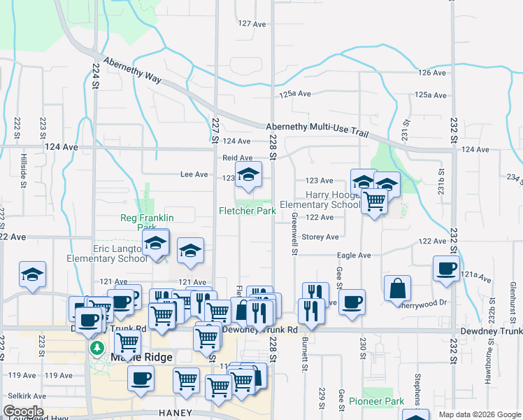 map of restaurants, bars, coffee shops, grocery stores, and more near 12261 228 Street in Maple Ridge