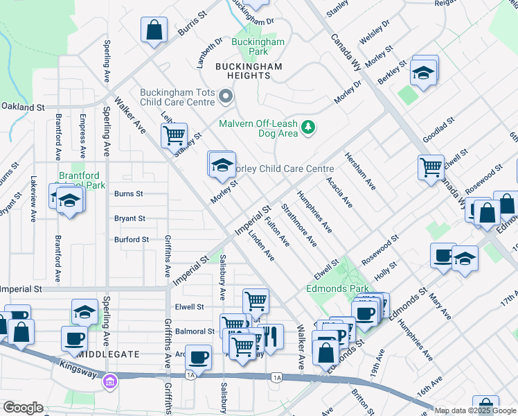 map of restaurants, bars, coffee shops, grocery stores, and more near 7379 Imperial Street in Burnaby